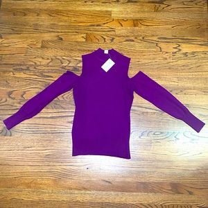 Cache Brand Purple Cold Shoulder Fitted Sweater Top